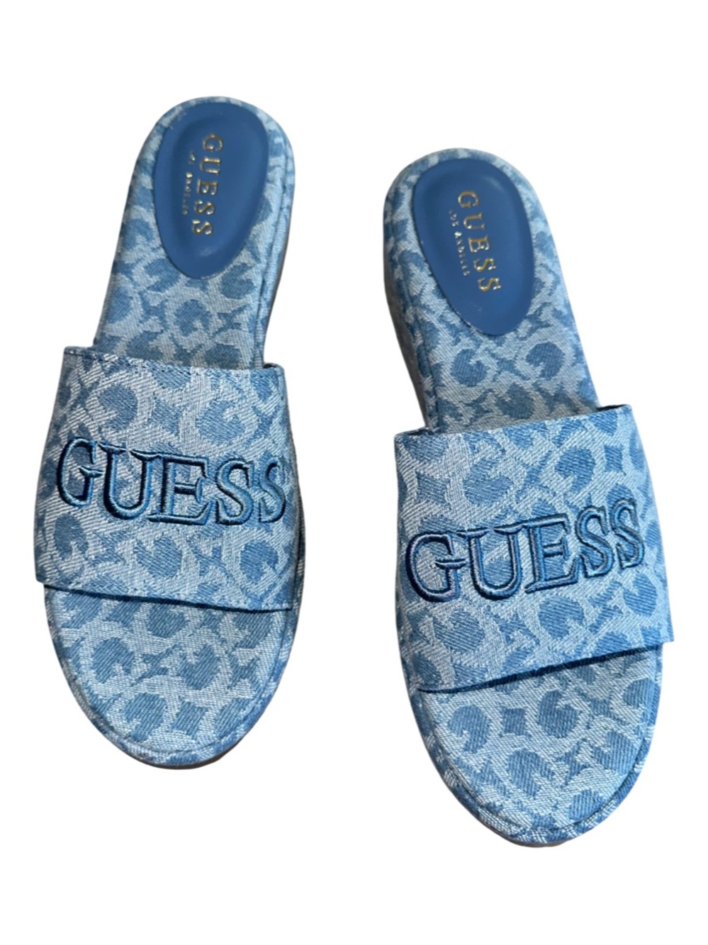 NWOT GUESS Denim Logo Slide Sandals in Light Blue